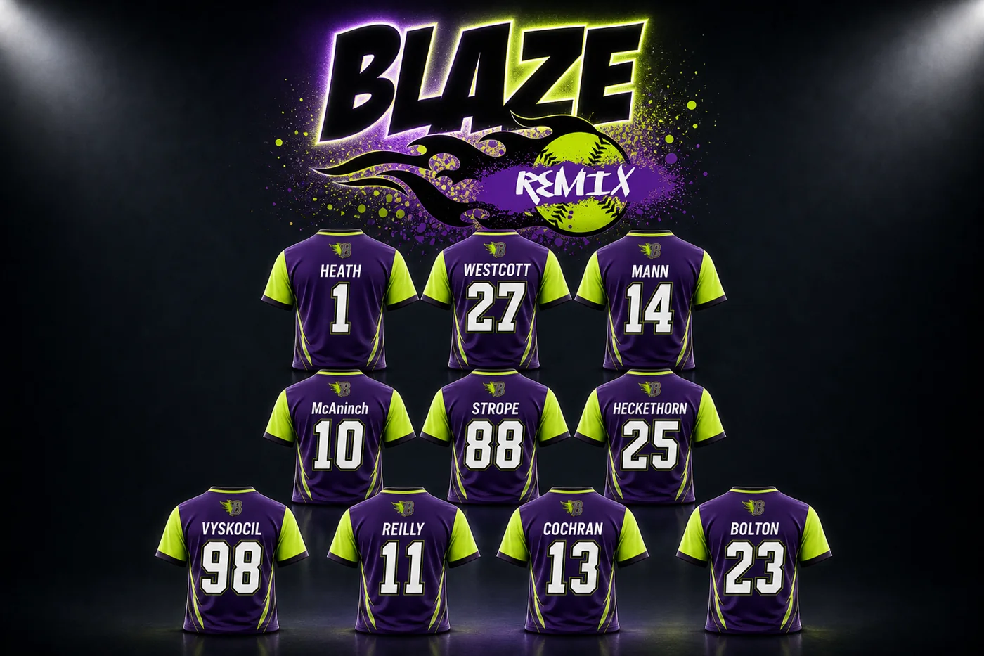 Blaze Remix 12U fastpitch softball team jerseys — Heath 1, Westcott 27, Mann 14, McAninch 10, Strope 88, Heckethorn 25, Vyskocil 98, Reilly 11, Cochran 13, Bolton 23